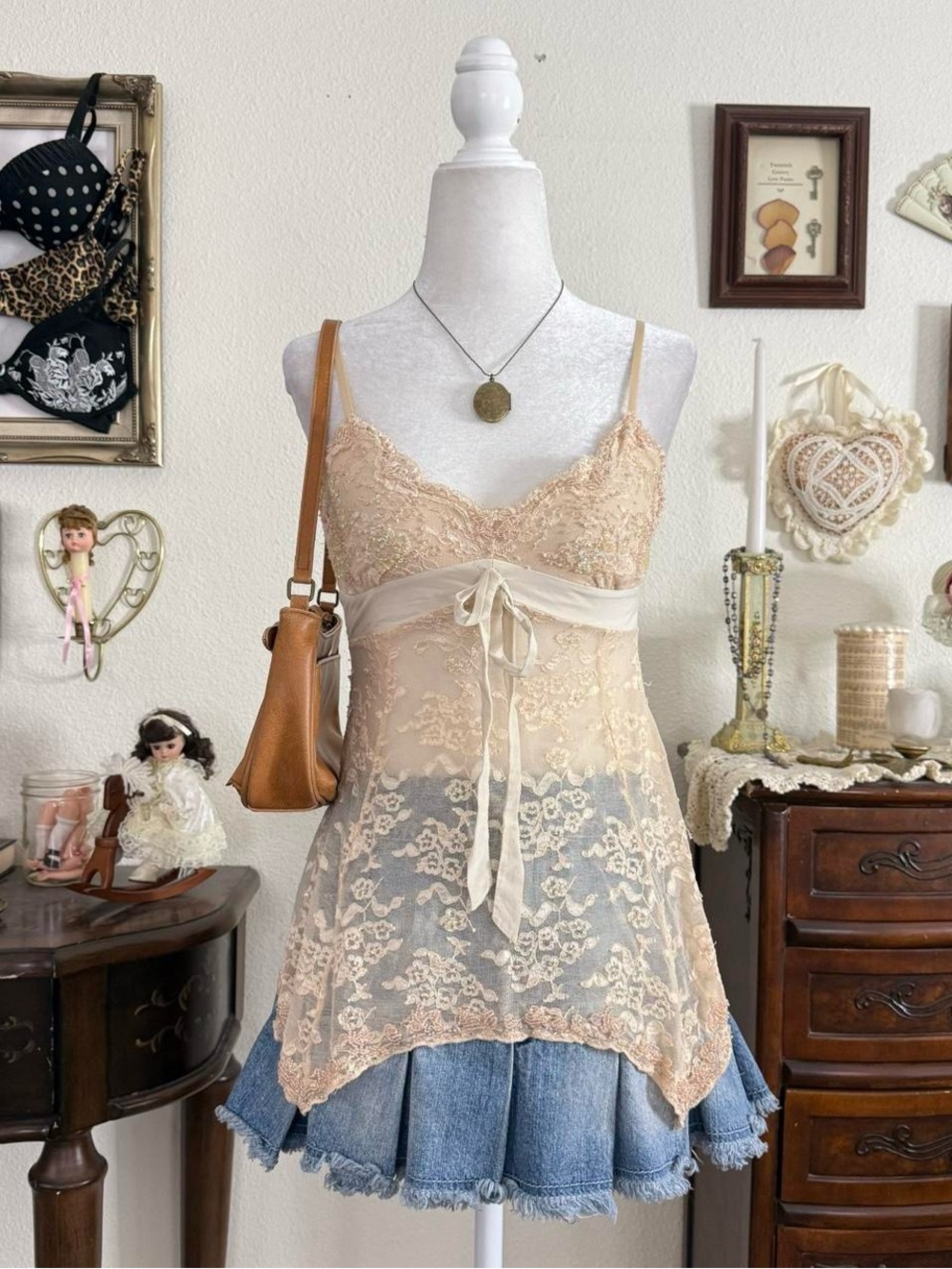 y2k dainty coquette fairy grunge sheer lace beaded cami | size XS